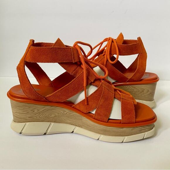 Sorel Joanie III Lace Up Wedge Sandals Orange Suede 70s Style Women’s 11 - Picture 8 of 16
